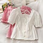 Eyelet Ribbon-accent Plain Blouse