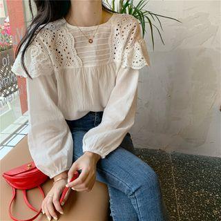 Long-sleeve Lace Trim Top As Shown In Figure - One Size