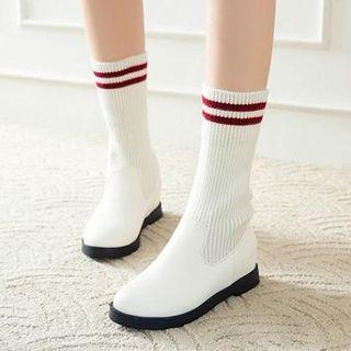 Faux Leather Striped Knit Panel Short Boots