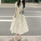 Puff-sleeve Floral Midi Smock Dress Yellow - One Size