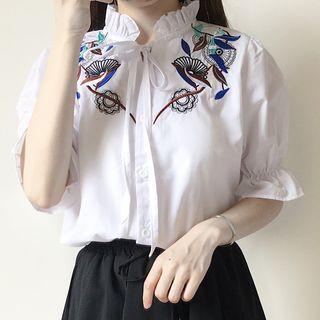 Short-sleeve Frill Trim Embroidered Pinstripe Blouse