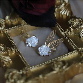 Butterfly Flower Alloy Earring 1 Pair - Silver Needle - Gold & White - One Size