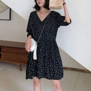 Elbow-sleeve V-neck Dotted Chiffon Dress