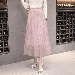 Embellished Accordion Pleat Midi Mesh Skirt