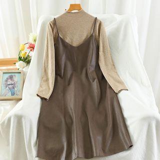 Spaghetti-strap Midi A-line Faux Leather Dress