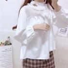 Mock-neck Rabbit Embroidery Blouse White - One Size