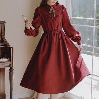 Long-sleeve Ruffled Corduroy A-line Dress
