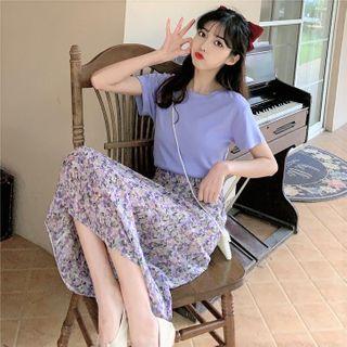 Set: Short Sleeve Plain T-shirt + Floral Midi A-line Skirt