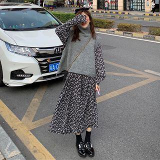 Turtleneck Sweater Vest / Long-sleeve Floral Print Midi Dress