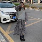 Turtleneck Sweater Vest / Long-sleeve Floral Print Midi Dress