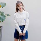 Embroidered Long Sleeve Blouse White - One Size