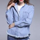 Stand Collar Fray Hem Denim Shirt