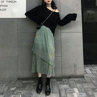 Plain Long-sleeve T-shirt / Glitter Midi A-line Skirt