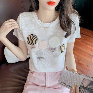 Short-sleeve Rhinestone Bow-accent T-shirt