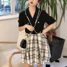 Short-sleeve Buttoned Plaid Dress Black - One Size