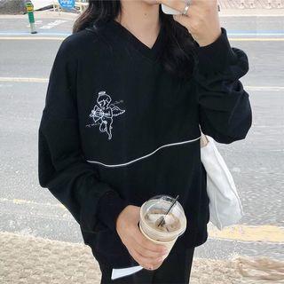 Angel Print V-neck Pullover Black - One Size