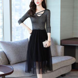 3/4-sleeve Mesh Panel Midi Knit Dress