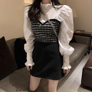 Mock Two-piece Long-sleeve Plaid Panel Top / Pencil Skirt