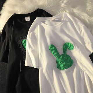 Short-sleeve Rhinestone Rabbit T-shirt