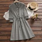 Long-sleeve Gingham Midi A-line Shirt Dress