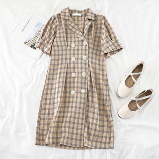 Short-sleeve Double Breasted Plaid A-line Dress Khaki - One Size