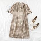Short-sleeve Double Breasted Plaid A-line Dress Khaki - One Size