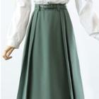 High Waist Midi A-line Skirt / Ruffle Trim Blouse