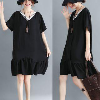 Frilled Short-sleeve A-line Chiffon Dress