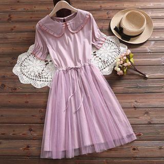 Short-sleeve Frill Trim Mesh Paneled A-line Dress