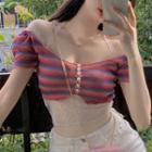 Short-sleeve Striped Cropped T-shirt / Lace Cropped Halter Top
