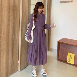 Long-sleeve Accordion Pleat Midi A-line Chiffon Dress