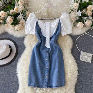 Short-sleeve Panel Denim Button Mini A-line Dress