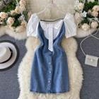Short-sleeve Panel Denim Button Mini A-line Dress