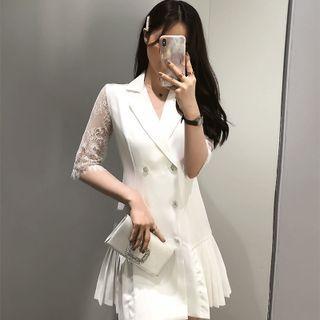 Notch Lapel Waist Lace Panel Accordion Pleat Dress