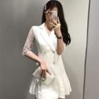 Notch Lapel Waist Lace Panel Accordion Pleat Dress