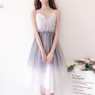 Mesh Midi Spaghetti Strap Dress / Lace Trim Open Front Jacket