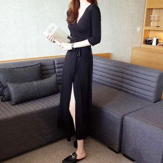 3/4-sleeve V-neck Sashed Slit Midi Sheath Dress
