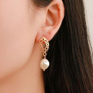 Perforated Alloy Faux Pearl Dangle Earring 1 Pair - 2577 - 01 - Gold -