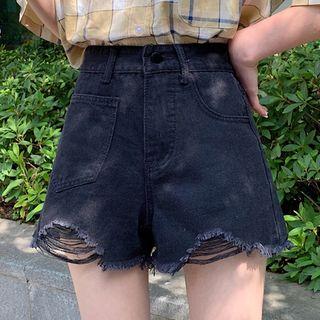 Plain High-waist Ripped Denim Shorts