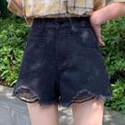 Plain High-waist Ripped Denim Shorts
