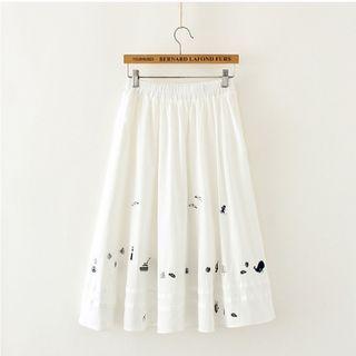 Embroidered Medium Long A-line Skirt White - One Size