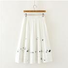 Embroidered Medium Long A-line Skirt White - One Size