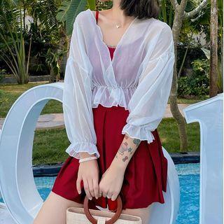Set: Spaghetti-strap Swim Dress + Bell-sleeve Cover-up