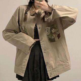 Bear Print Cargo Denim Jacket