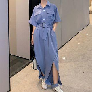 Short Sleeve Plain Slit-front Wide-leg Jumpsuit