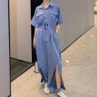 Short Sleeve Plain Slit-front Wide-leg Jumpsuit