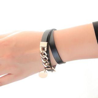 Stainless Steel Chain Leather Layered Bracelet 1317 - Bracelet - One Size