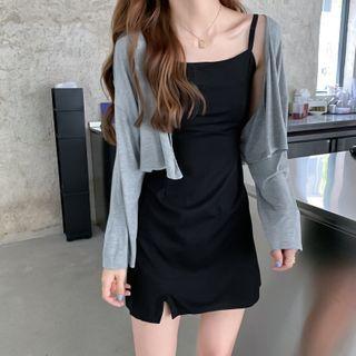Spaghetti Strap A-line Mini Dress / Cropped Buttoned Cardigan
