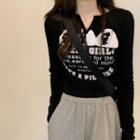 Long-sleeve Notch Neck Lettering T-shirt