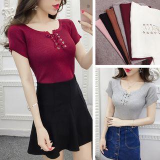 Lace Up Front Short Sleeve Knit T-shirt